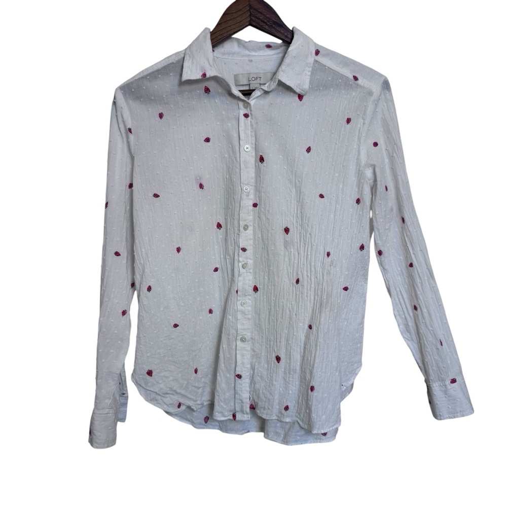 LOFT White Button Down Blouse with Red and Pink Embroidered Strawberries